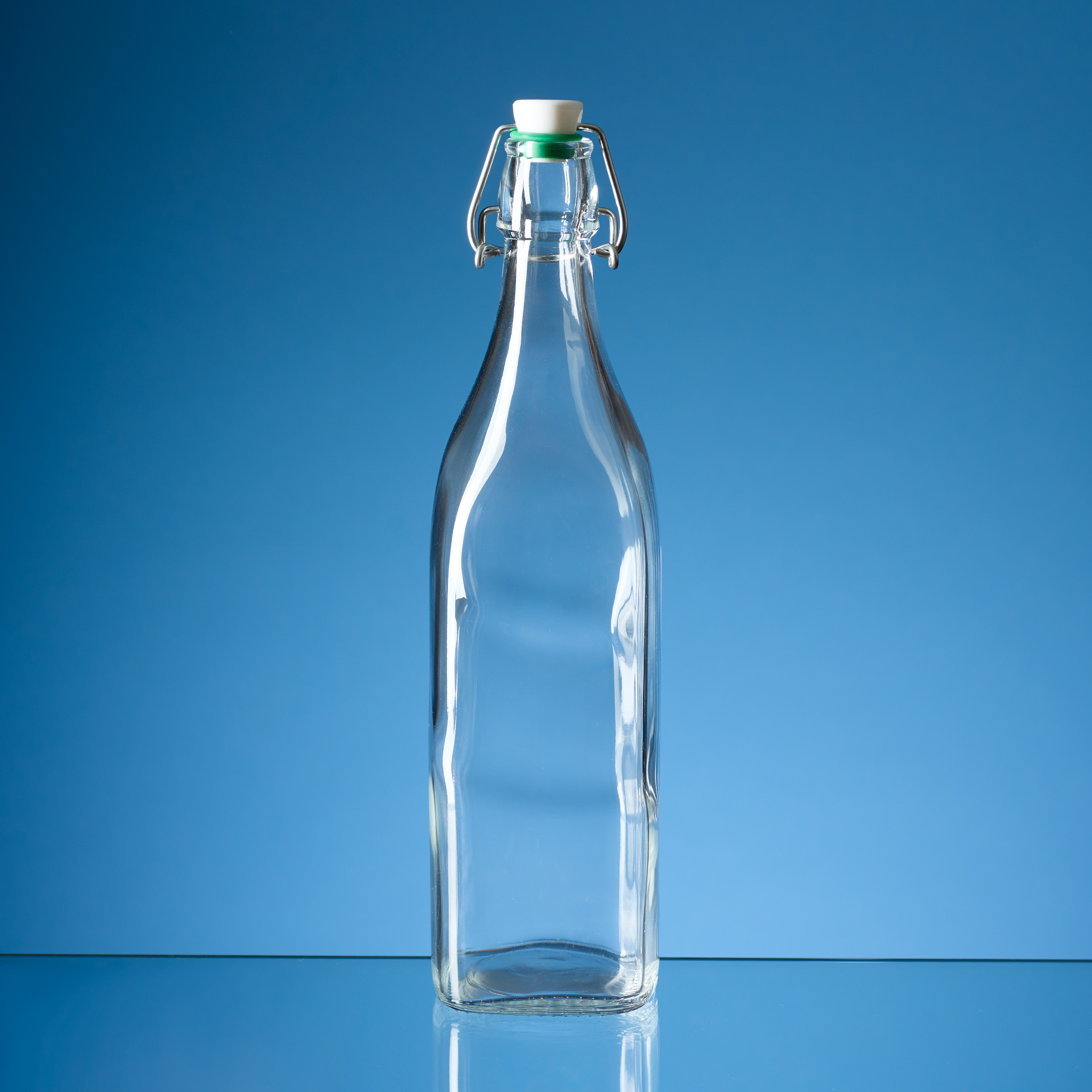 1ltr Square Whte Cap Swing Top Bottle with Green Washer
