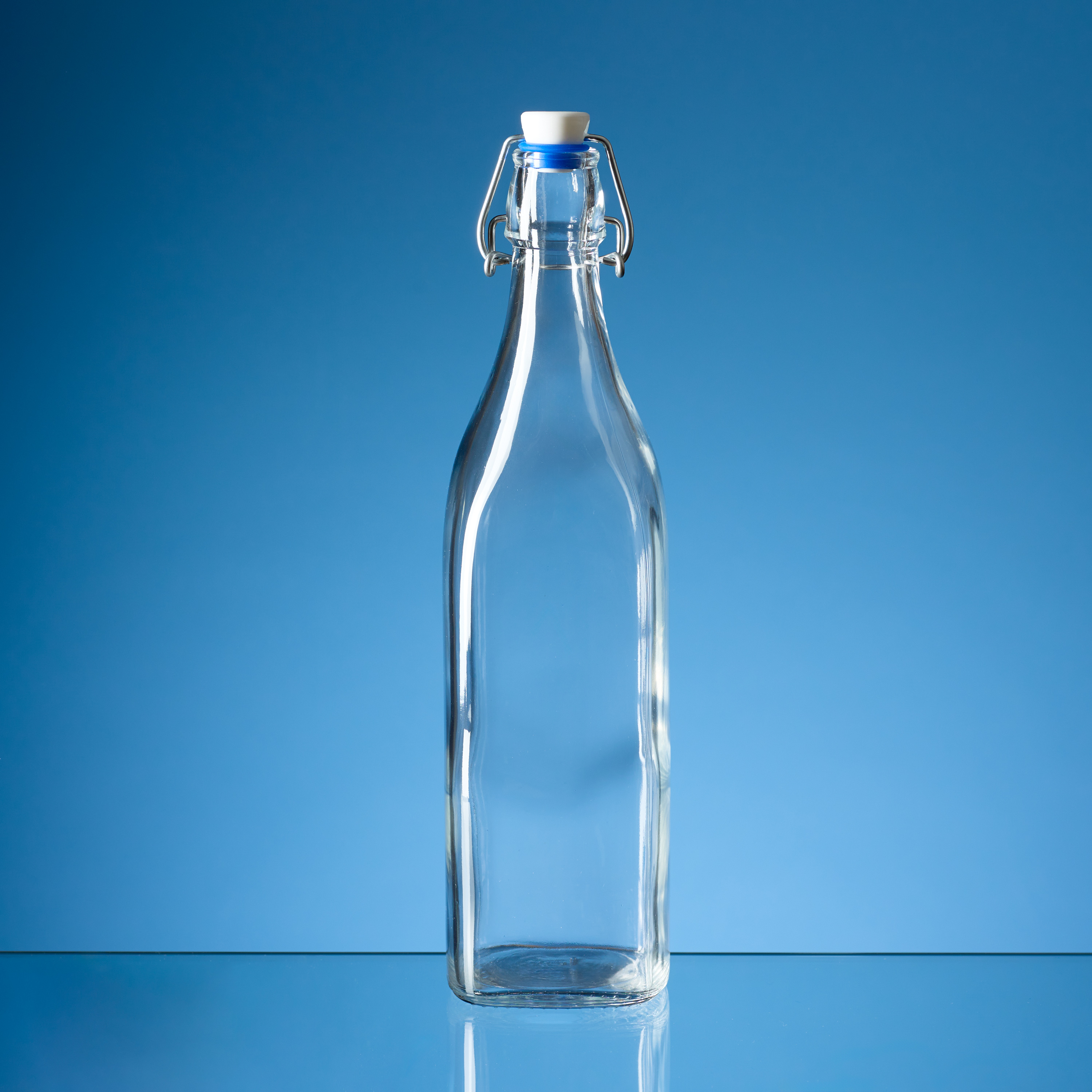 1ltr Square Whte Cap Swing Top Bottle with Blue Washer