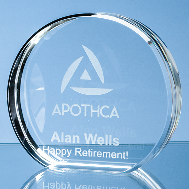 10.5cm x 12.5cm Optical Crystal Stand Up Circle Award, a branded crystal awards printed with your logo