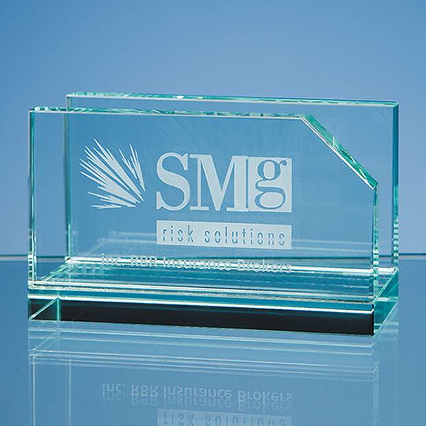 10cm jade glass business card holder with a slanted edge and black base, branded with your logo
