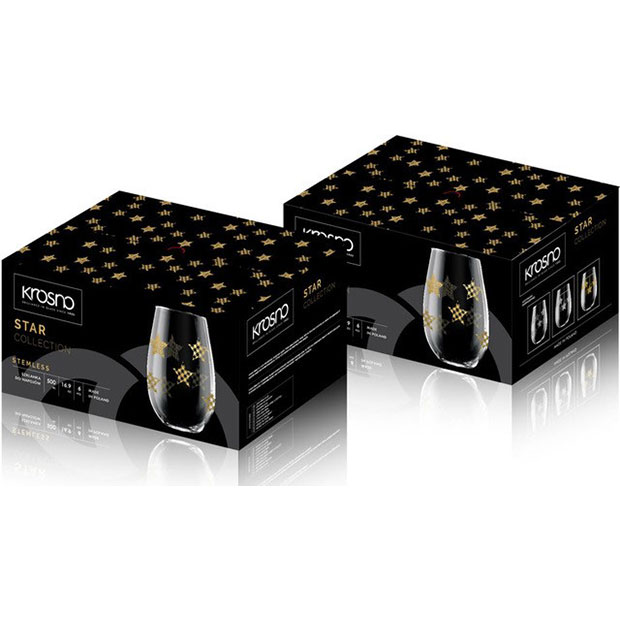 Set of 6 glass tumblers with gold star design in a box, branded with your logo