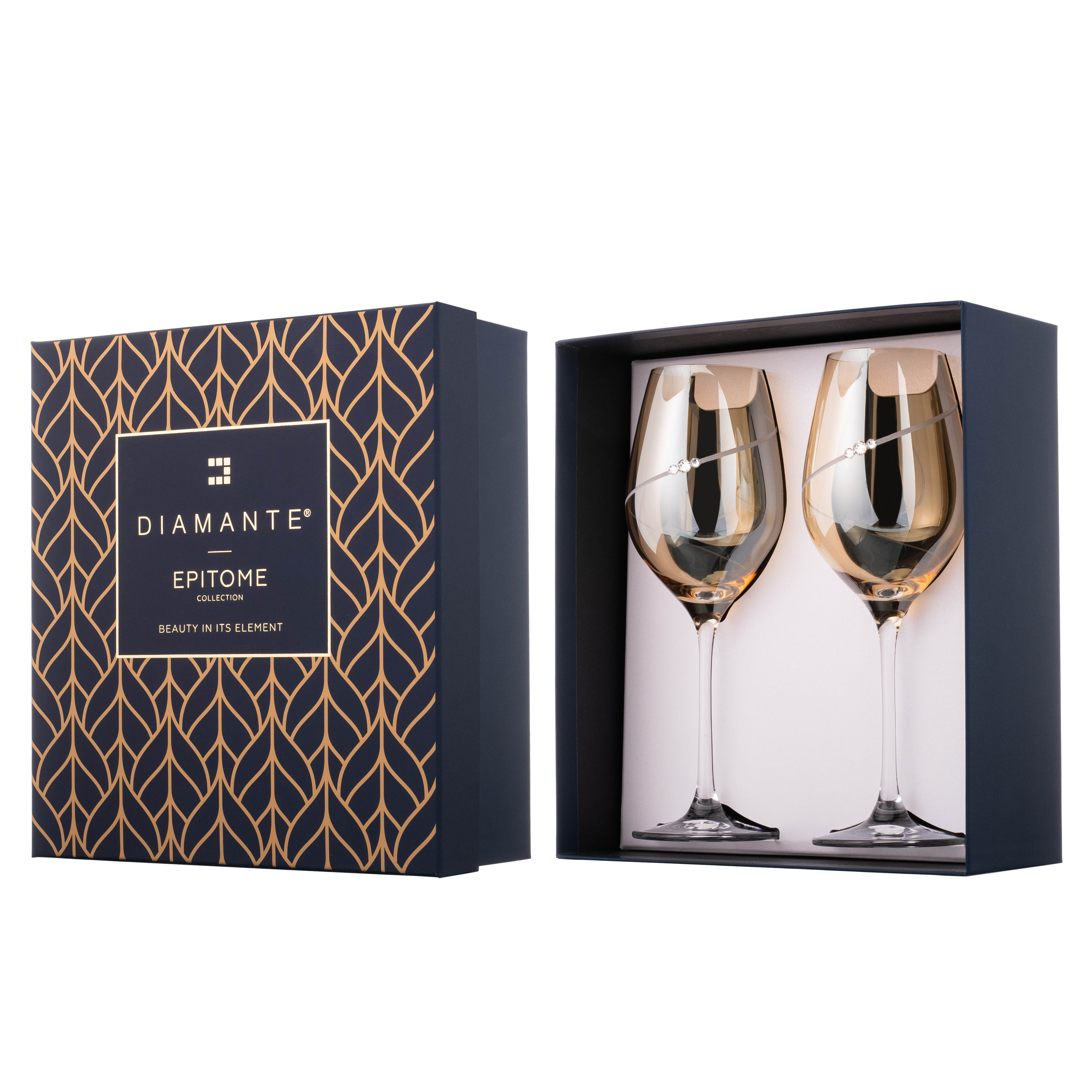 Set of 2 amber wine glasses in a decorative box with gold detailing, branded with your logo