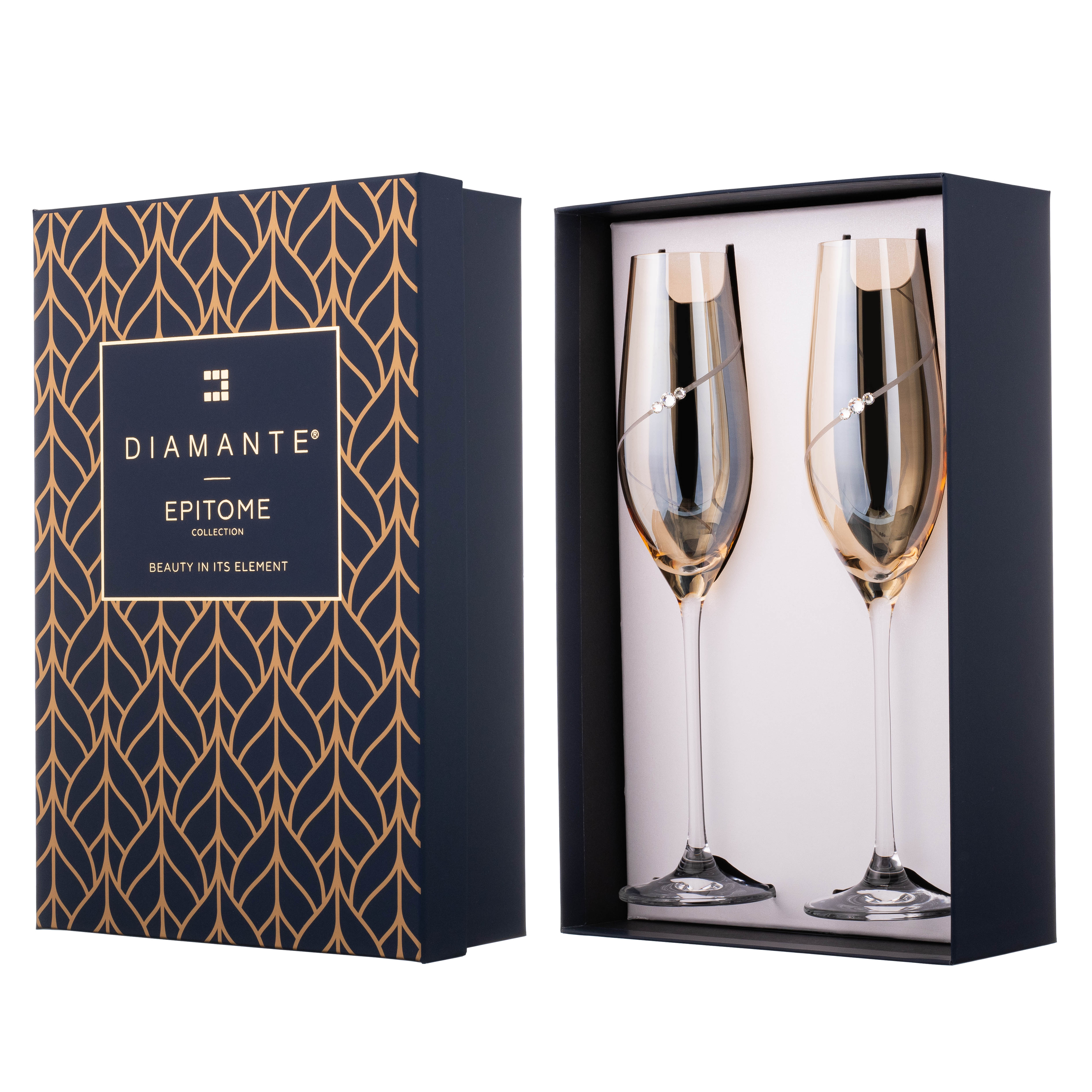 Set of 2 amber champagne flutes in a decorative gift box, branded with your logo