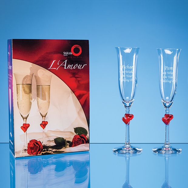2 LAmour Red Heart Champagne Flutes in an attractive Gift Box, a branded glasses & barware printed with your logo