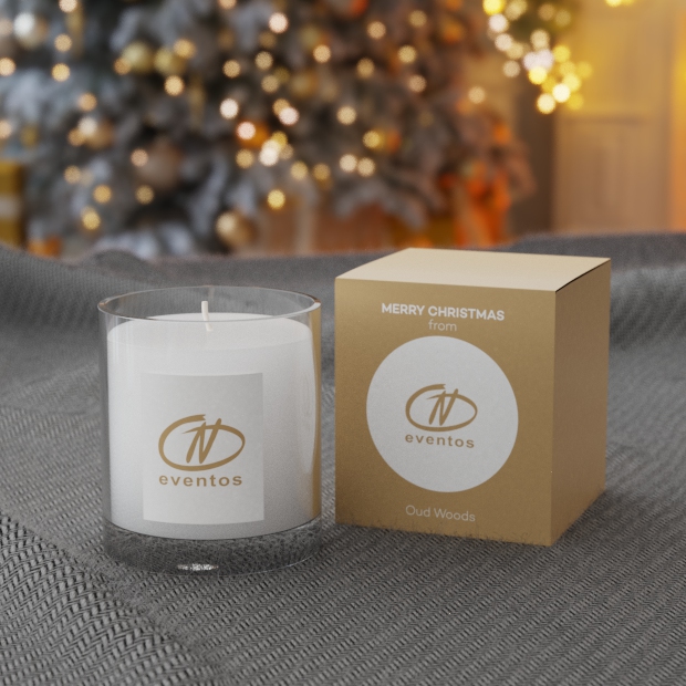 9.2cm Personalised Oud Woods Scented Candle in a Printed Gift Box, a branded candles printed with your logo