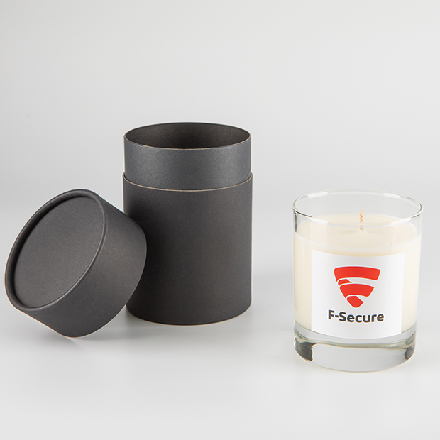 240g Clear Glass Scented Candle in a Round Black Gift Box, a branded candles printed with your logo