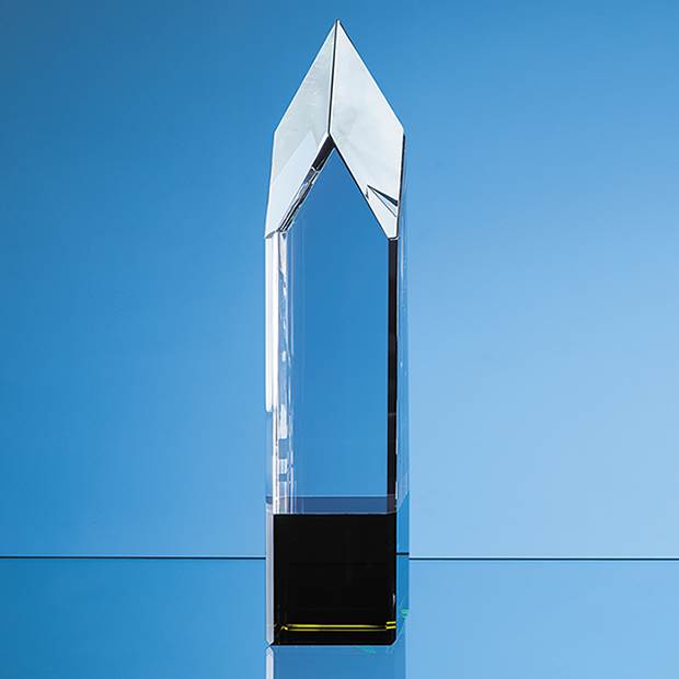 28cm Clear & Emerald Green Optical Crystal Pointed Monolith Award, a branded crystal awards printed with your logo