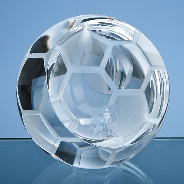 8cm Optical Crystal Football Paperweight, a branded crystal awards printed with your logo
