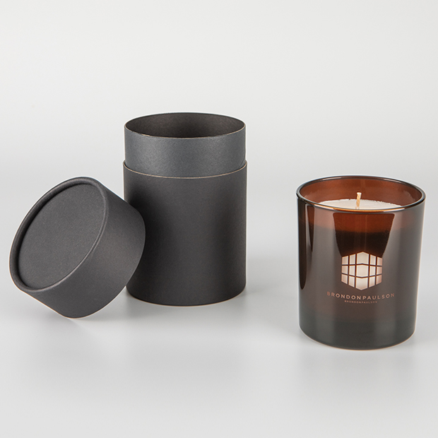 240g Smoked Bronze Glass Scented Candle in a Round Black Gift Box, a branded candles printed with your logo